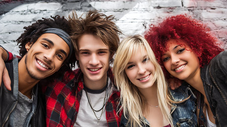 Young friends smiling while taking a selfie outdoors.の素材