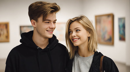 Couple at exhibition in modern art galleryの素材