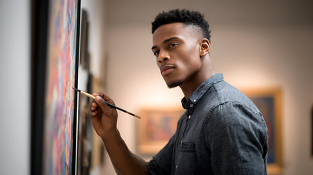African american male painter at work holding paints and brush in art studio. creation and inspiration at an artists painting studioの素材