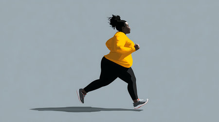 Plus-size woman jogging, walking. Female jogger with fat body. Active cardio workout, endurance training, physical exercise. Healthy activity. Flat illustration.の素材