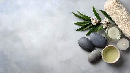 Asian tea set and spa stones on concrete background. Natural spa treatment and relaxation concept. Top view, flat lay, copyspaceの素材