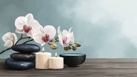 Beautiful Spa Composition With Zen Stones and Orchid, Illustration, Wallpaper for Family, Health-care, Peopleの素材