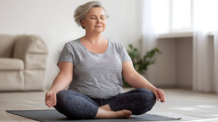 Yoga mindfulness meditation. Senior Woman practicing yoga in living room at home. Plus size female sitting in lotus pose meditating smiling relaxing indoor. Girl doing breathing practice. Yoga at homeの素材