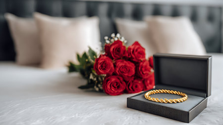 gold bracelet with red roses in the bed.の素材