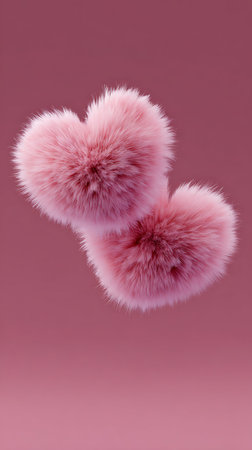 Pink fluffy plush heart levitating above pastel background.の素材