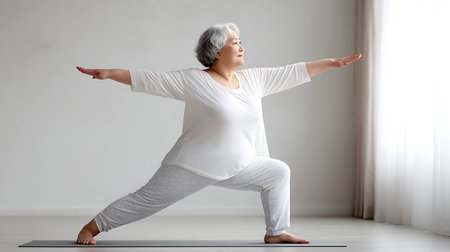 Full length shot of energetic mature woman making exercising and practicing yoga on mat at home because of social distancing, wearing sports clothes.の素材