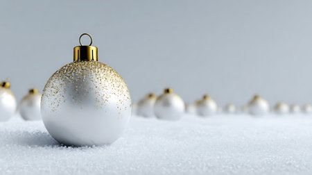 Christmas Card - white Baubles on snow or white background.の素材