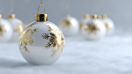 Christmas Card - white Baubles on snow or white background.の素材