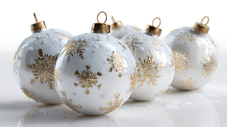 Christmas Card - white Baubles on snow or white background.の素材
