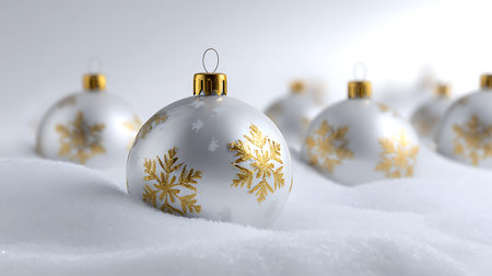 Christmas Card - white Baubles on snow or white background.の素材