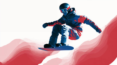 A snowboarder is captured in mid-air, gracefully executing a jump against a backdrop of abstract red blue and white background, highlighting freedom and adrenalineの素材