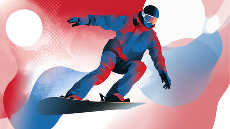 A snowboarder is captured in mid-air, gracefully executing a jump against a backdrop of abstract red blue and white background, highlighting freedom and adrenalineの素材