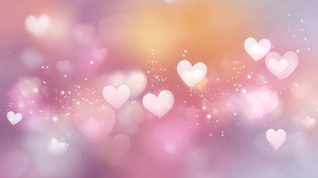 cute pink hearts, sparkling glitter bokeh background texture. Holiday valentines day lights. Abstract defocused header. screen wallpaper. web banner with copy space for design.の素材