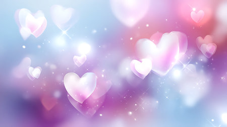 cute pink hearts, sparkling glitter bokeh background texture. Holiday valentines day lights. Abstract defocused header. screen wallpaper. web banner with copy space for design.の素材