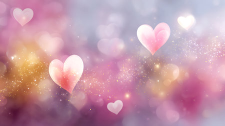 cute pink hearts, sparkling glitter bokeh background texture. Holiday valentines day lights. Abstract defocused header. screen wallpaper. web banner with copy space for design.の素材