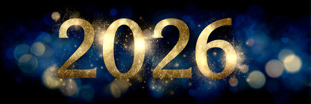 Realistic 2026 golden numbers and festive lights on blue background. Happy New 2026 Text for posters, Banner, Cards, Ads, Cover Designの写真素材