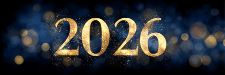 Realistic 2026 golden numbers and festive lights on blue background. Happy New 2026 Text for posters, Banner, Cards, Ads, Cover Designの写真素材