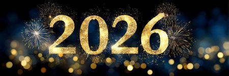 Realistic 2026 golden numbers and festive lights on blue background. Happy New 2026 Text for posters, Banner, Cards, Ads, Cover Designの写真素材