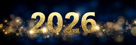 Realistic 2026 golden numbers and festive lights on blue background. Happy New 2026 Text for posters, Banner, Cards, Ads, Cover Designの写真素材