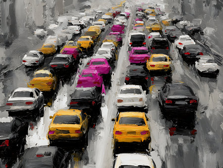 many cars on the road top view traffic jam rush hourの素材