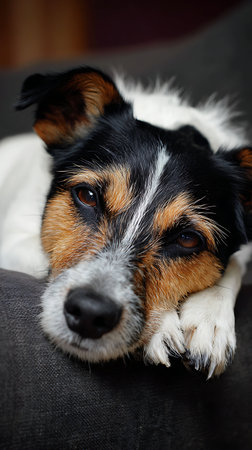 A tired dog lies and looks sadly, vertical.の素材