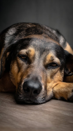 A tired dog lies and looks sadly, vertical.の素材
