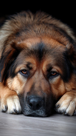 A tired dog lies and looks sadly, vertical.の素材