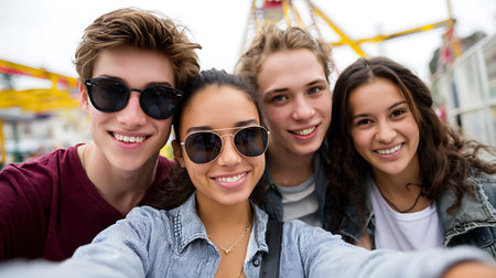Young friends smiling while taking a selfie outdoors.の素材