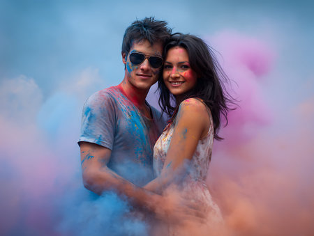 happy young pair in paints holiの素材