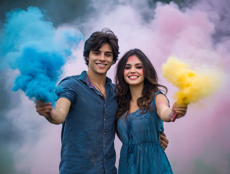 happy young pair in paints holiの素材