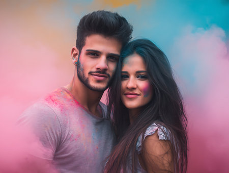 happy young pair in paints holiの素材