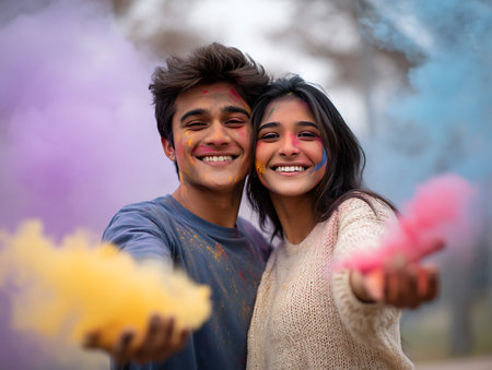 happy young pair in paints holiの素材