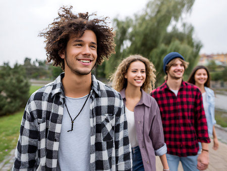 Group of diverse happy young friend have fun in park. Millennial people sharing cheerful moments . Friendship and communityの素材