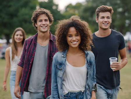 Group of diverse happy young friend have fun in park. Millennial people sharing cheerful moments . Friendship and communityの素材