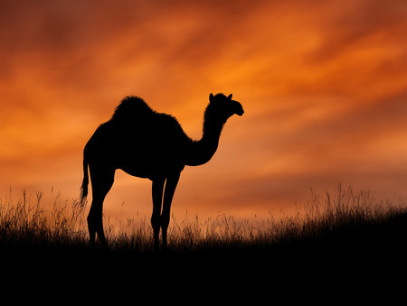 Silhouette camel at sunset on the dunes of the desert.の素材