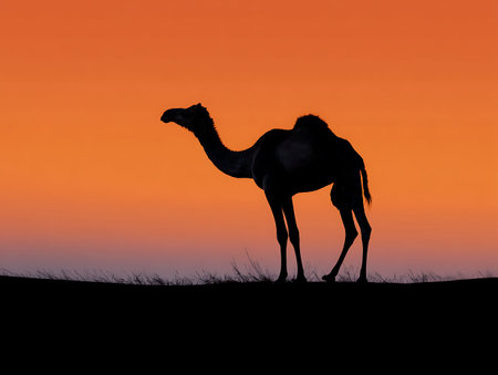 Silhouette camel at sunset on the dunes of the desert.の素材
