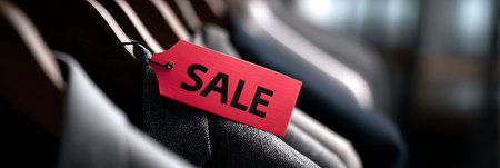 Sale, black friday concept. Red tag with sale discount sign hanging on dark jacket in clothing store, close-upの素材