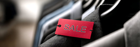 Sale, black friday concept. Red tag with sale discount sign hanging on dark jacket in clothing store, close-upの素材