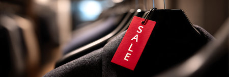 Sale, black friday concept. Red tag with sale discount sign hanging on dark jacket in clothing store, close-upの素材