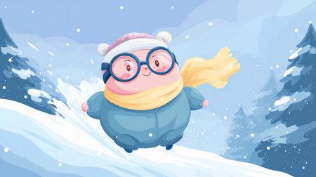 funny chubby Boy skiing down a snowy hill, cute cartoon.の素材
