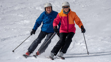 senior couple skiing in mountainsの素材