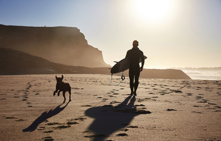 a man walks with a dog along the beach at dawnの写真素材
