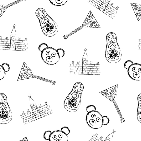 Russian symbols icons seamless pattern with bear, matryoshka, balalaika, kremlinのイラスト素材