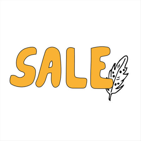 Hand written lettering Sale in yellow color with feather on white backgroundのイラスト素材