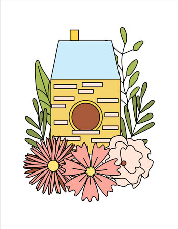 Spring Easter illustration, birdhouse with flowers compositionのイラスト素材