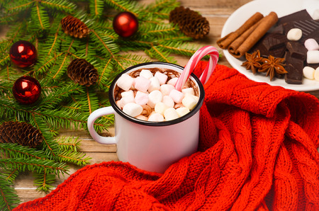 Hot chocolate with marshmallows on the rustic wooden table. Christmas composition.の写真素材