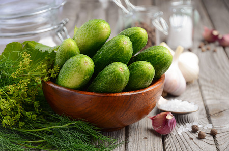 Fresh cucumbers ready for canning with dill, garlic and spicesの写真素材