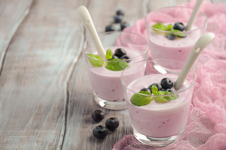Homemade blueberry yogurt with blueberry and mint, selective focusの写真素材