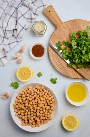 Ingredients for making hummus, top view.の写真素材