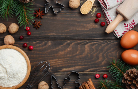 Christmas baking ingredients, top view, copy space.の写真素材